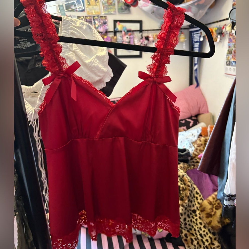 Dolls kill sugar thrillz satin babydoll Elegant Red Lace Trim Camisole